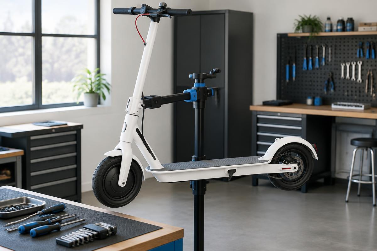 Electric scooter on a repair stand in a workshop (illustrative)