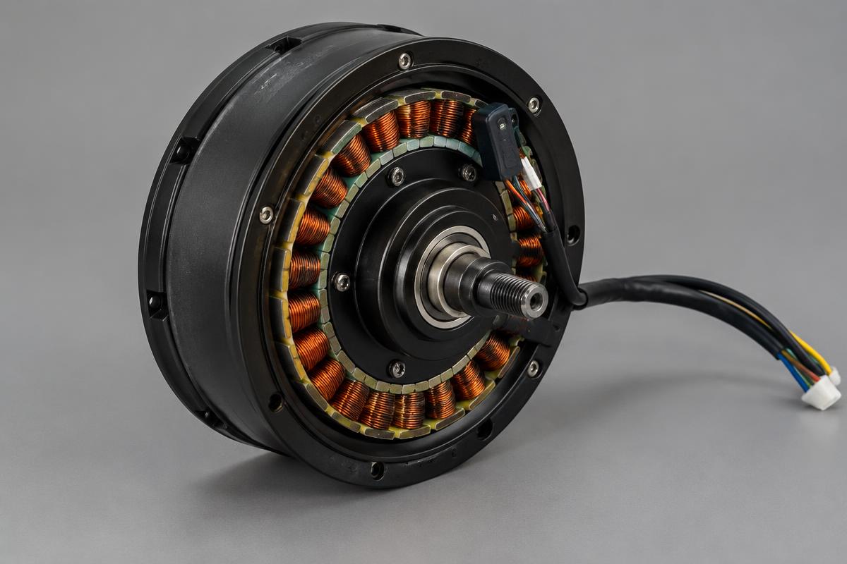 Electric hub motor with exposed windings and sensor wiring (illustrative)